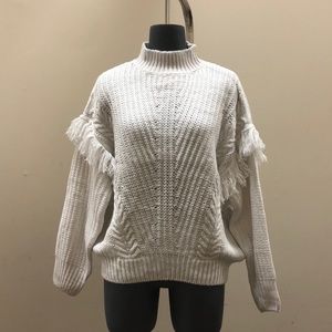 [L+A] Off-white Mock neck Fringe Ribbed Chunky Knit sweater